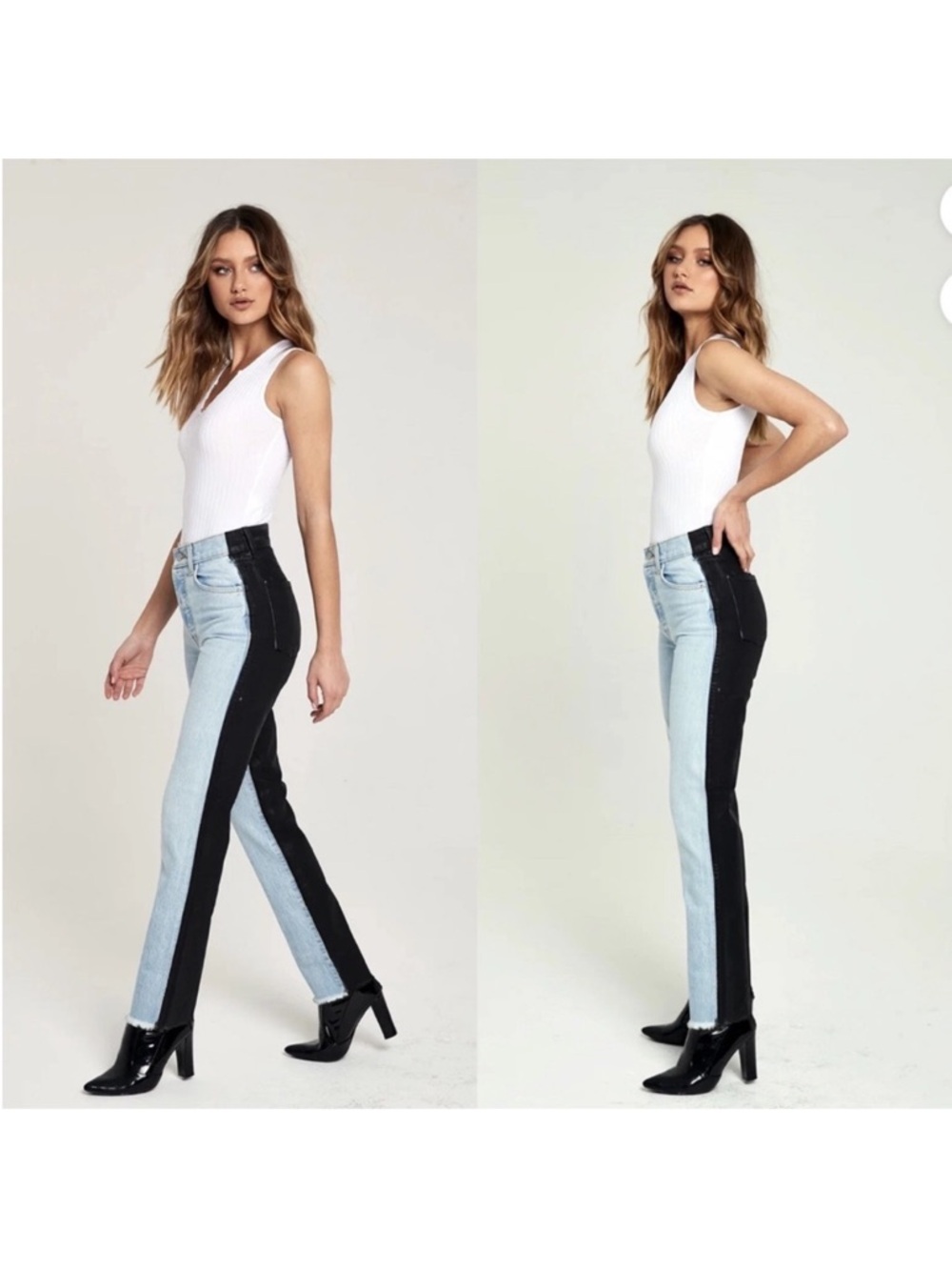 REVICE Two Tone Split High Rise Straight Leg Jeans. Size: 25